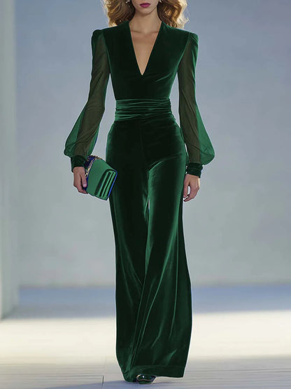 Elegant Velvet Wide Leg Jumpsuit for Women with V Neck Long Sleeve Sheer Mesh Formal Style