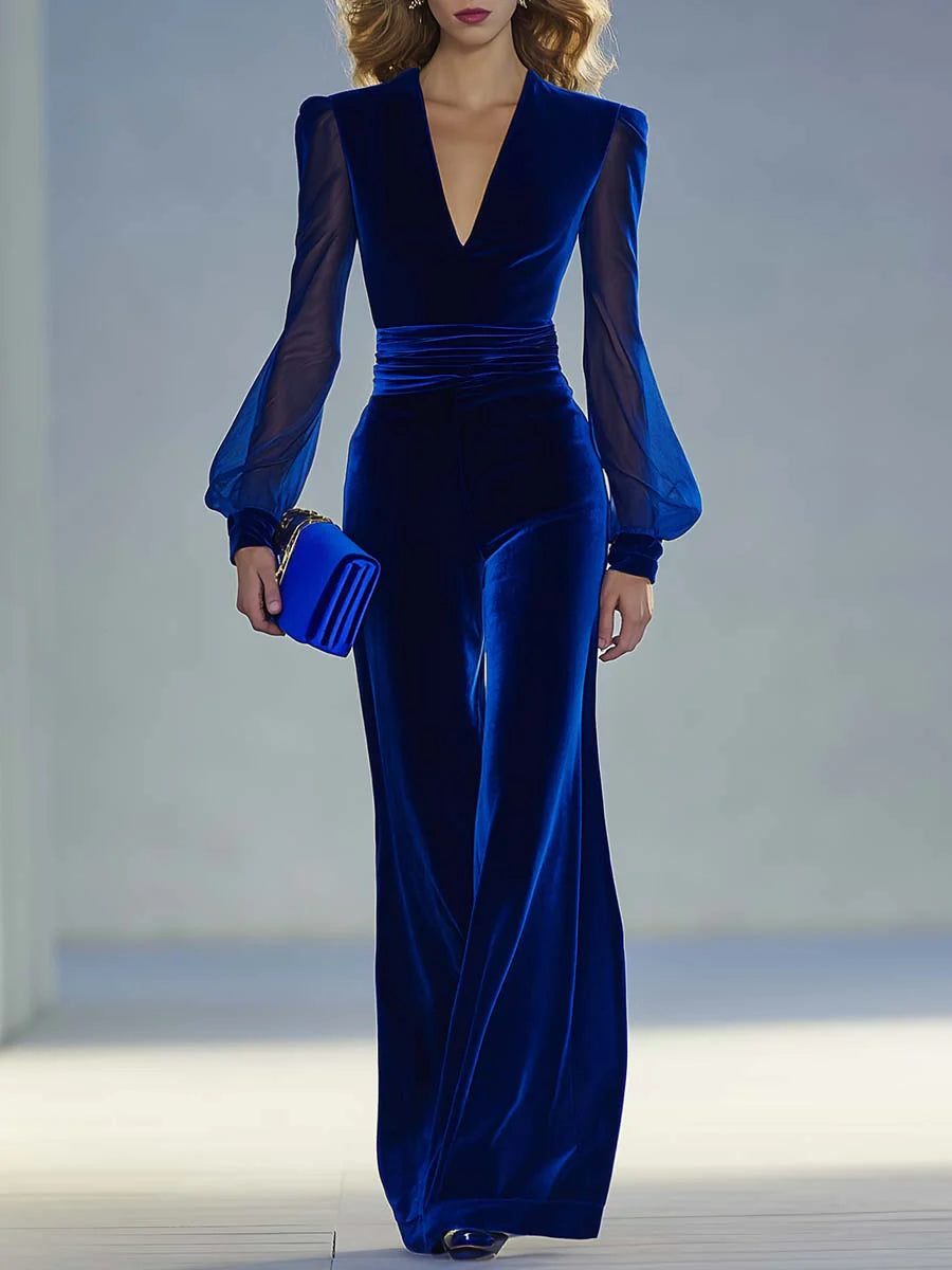 Elegant Velvet Wide Leg Jumpsuit for Women with V Neck Long Sleeve Sheer Mesh Formal Style