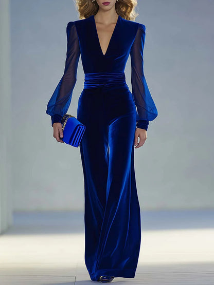 Elegant Velvet Wide Leg Jumpsuit for Women with V Neck Long Sleeve Sheer Mesh Formal Style
