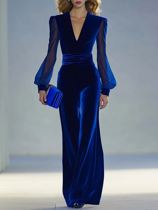 Elegant Velvet Wide Leg Jumpsuit for Women with V Neck Long Sleeve Sheer Mesh Formal Style
