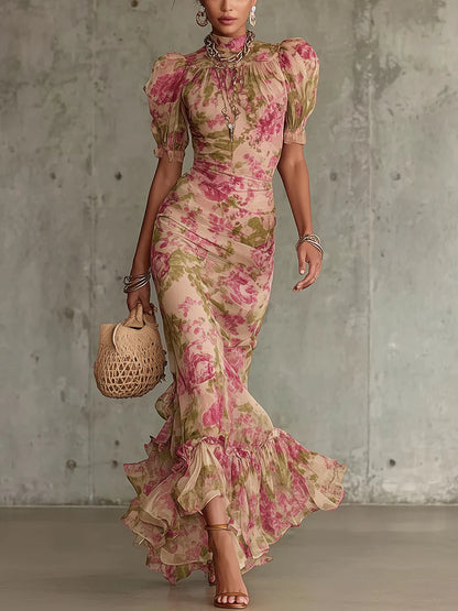Elegant Pink Floral Maxi Dress for Women with Mock Neck Puff Sleeve Ruffle Mermaid Flowing Style