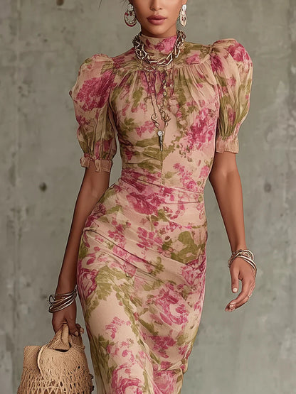 Elegant Pink Floral Maxi Dress for Women with Mock Neck Puff Sleeve Ruffle Mermaid Flowing Style
