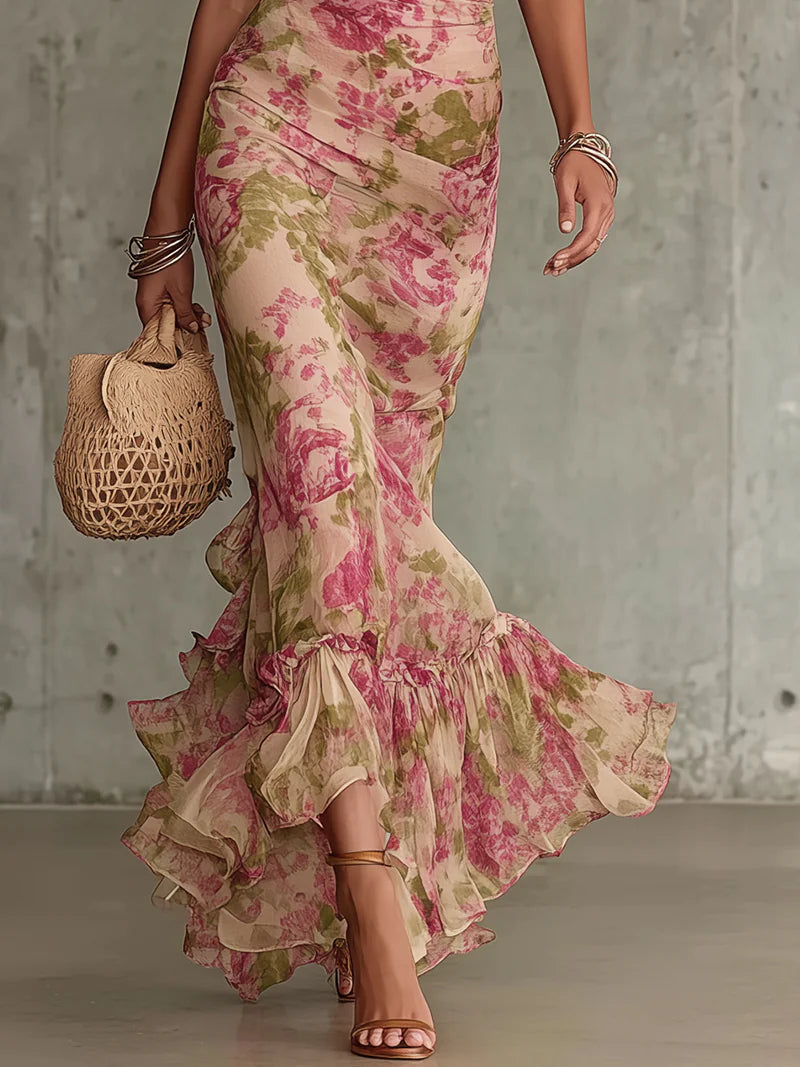 Elegant Pink Floral Maxi Dress for Women with Mock Neck Puff Sleeve Ruffle Mermaid Flowing Style