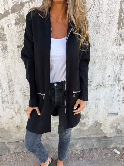 Effortless Knit Longline Cardigan for Women with Hooded Collar Long Sleeve Zip Pocket Open Front Style