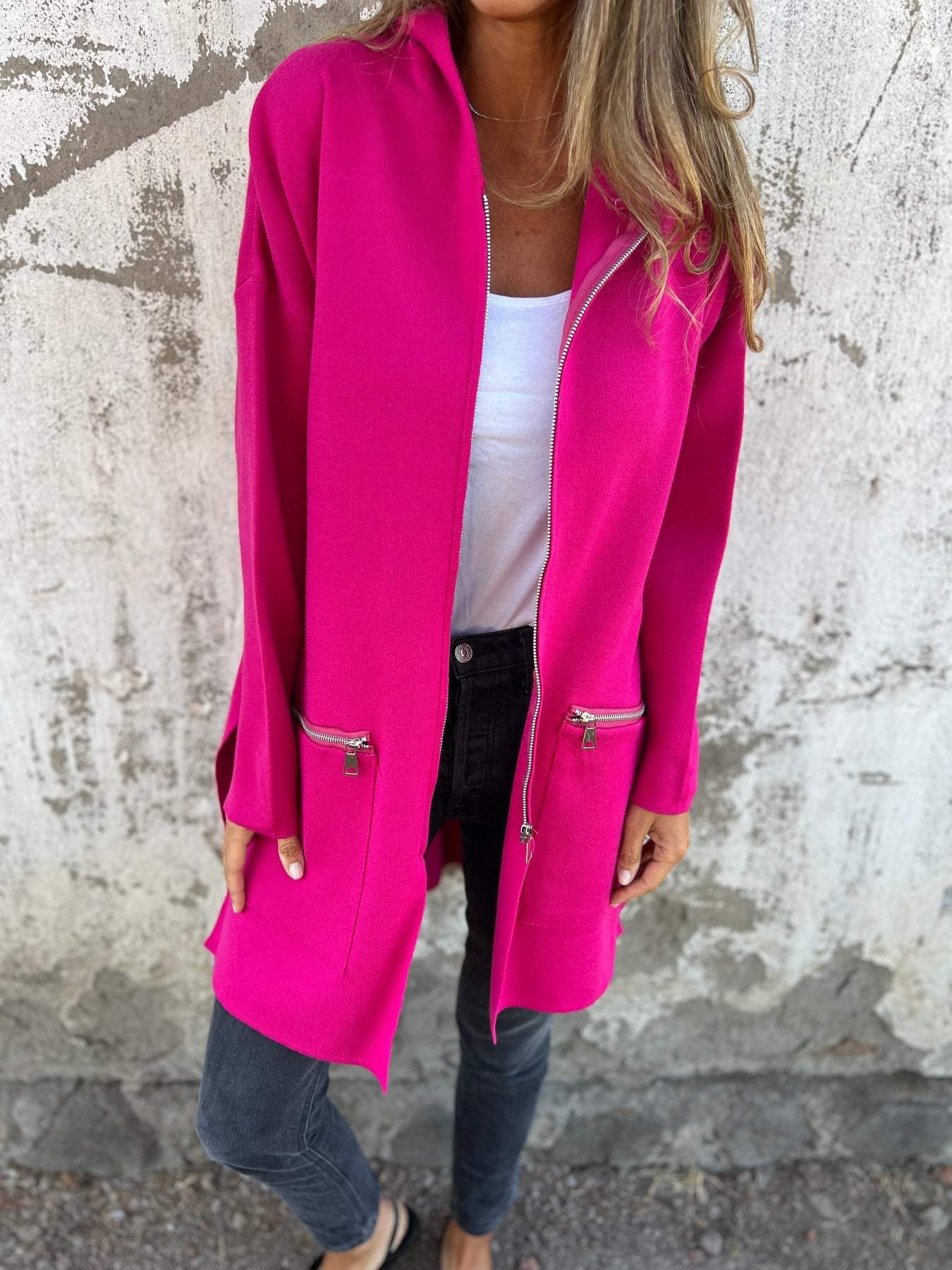 Effortless Knit Longline Cardigan for Women with Hooded Collar Long Sleeve Zip Pocket Open Front Style