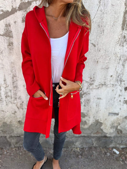 Effortless Knit Longline Cardigan for Women with Hooded Collar Long Sleeve Zip Pocket Open Front Style