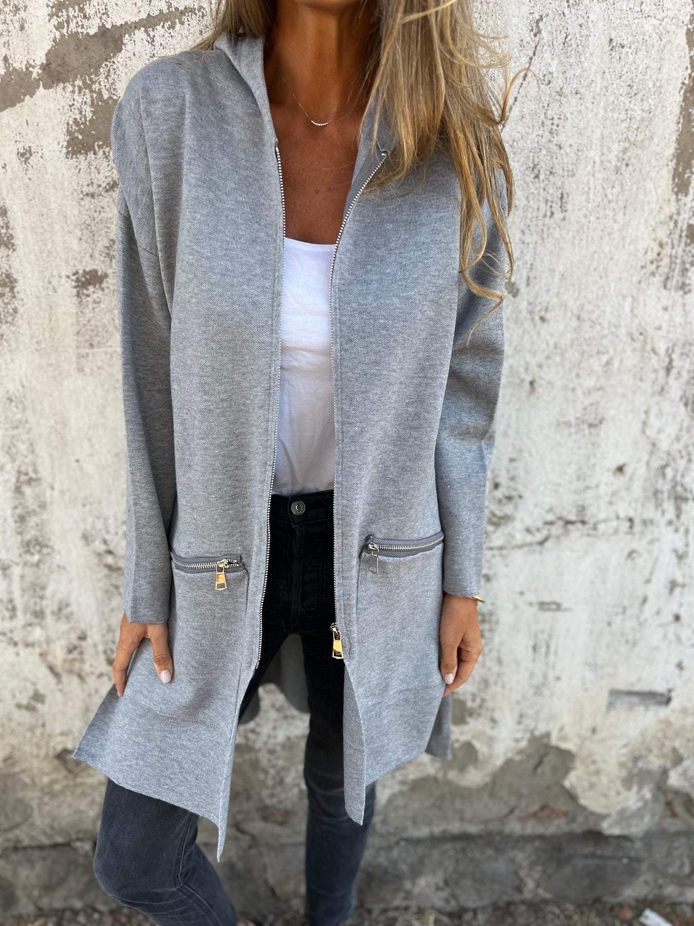 Effortless Knit Longline Cardigan for Women with Hooded Collar Long Sleeve Zip Pocket Open Front Style