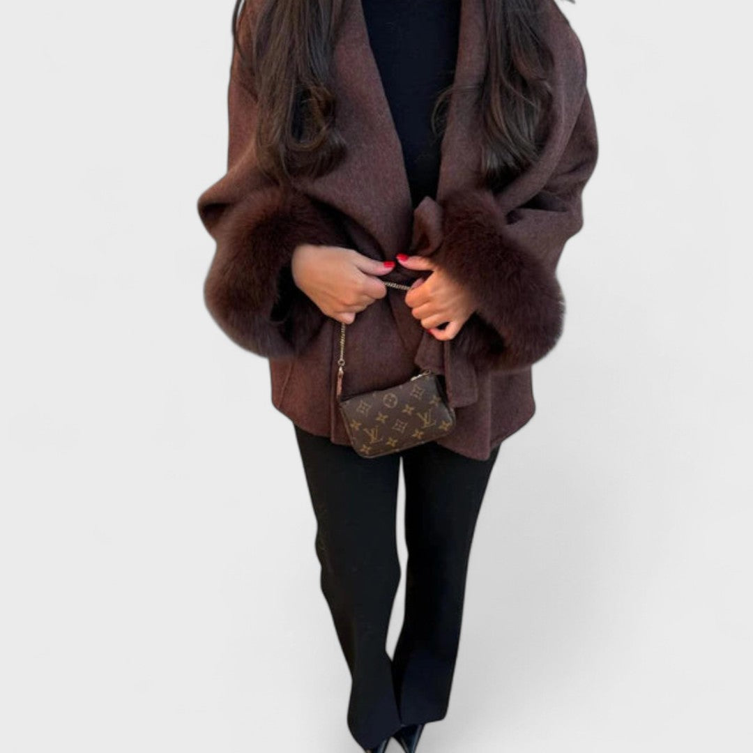 Elegant Wool Coat for Women with Shawl Collar Fur Trim Cuff Belted Oversized Style