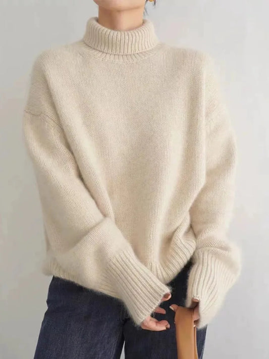 Comfortable Turtleneck Sweater for Women with High Neck Long Sleeve Ribbed Oversized Knit Style