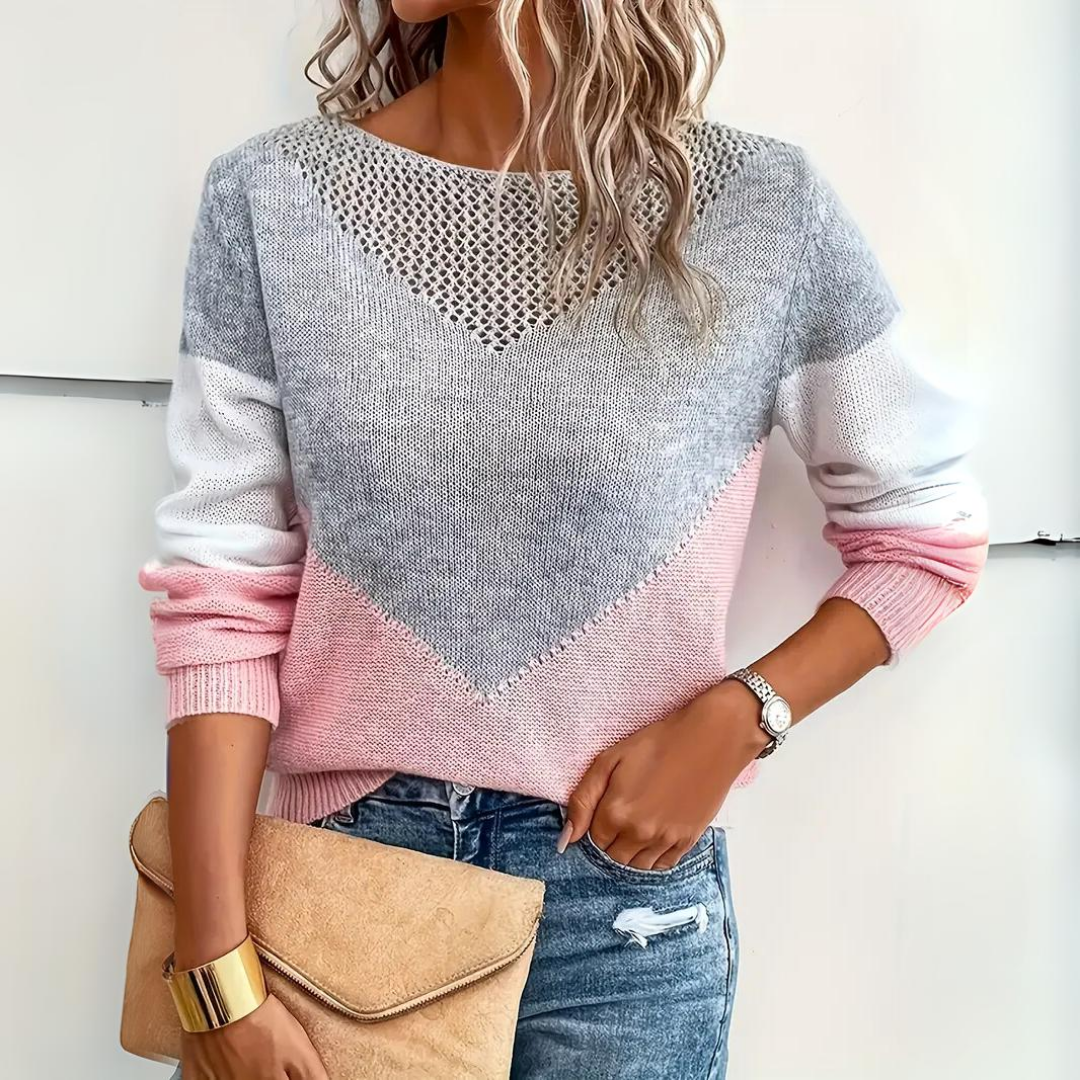 Comfortable Pink Grey Ombre Sweater for Women with Crochet Crew Neck Long Sleeve Colorblock Knit Style