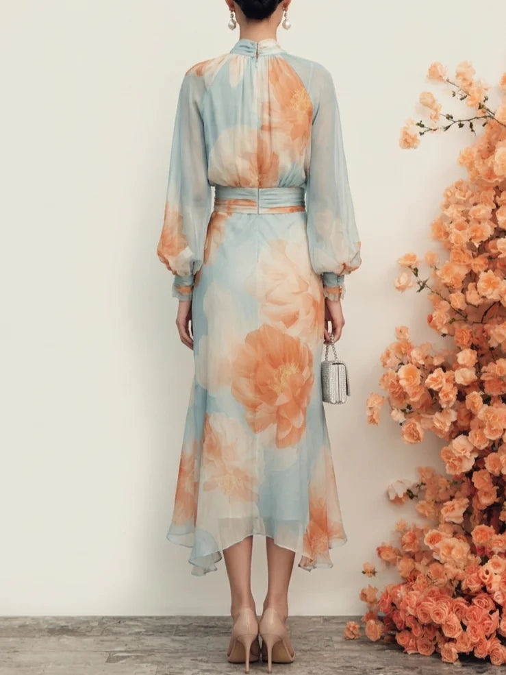 Elegant Light Blue Floral Midi Dress for Women with Keyhole Neck Bishop Sleeve Belted Flowing Style