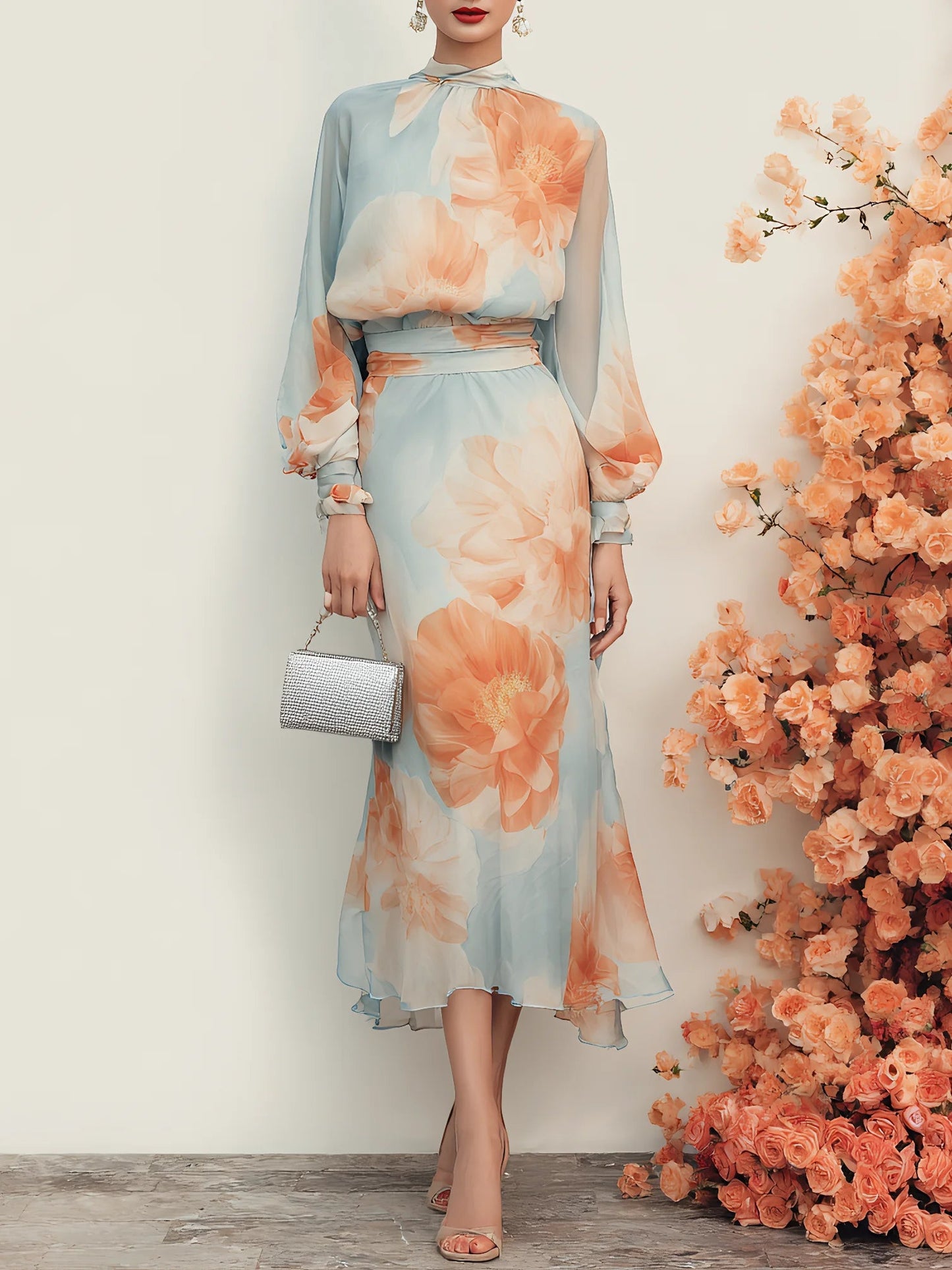 Elegant Light Blue Floral Midi Dress for Women with Keyhole Neck Bishop Sleeve Belted Flowing Style