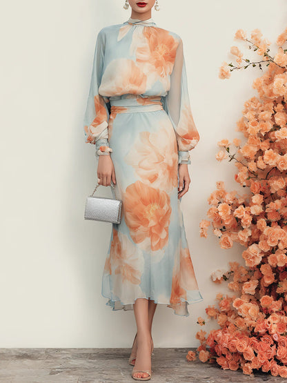 Elegant Light Blue Floral Midi Dress for Women with Keyhole Neck Bishop Sleeve Belted Flowing Style
