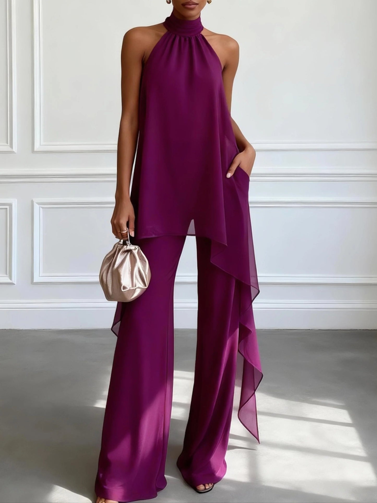 Elegant Purple Chiffon Two Piece Set for Women with Halter Neck Draped Overlay Wide Leg Formal Style
