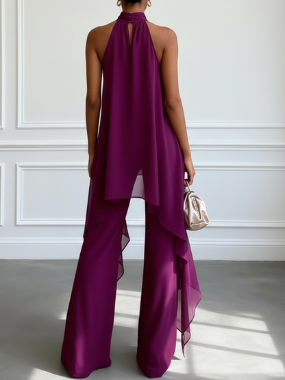 Elegant Purple Chiffon Two Piece Set for Women with Halter Neck Draped Overlay Wide Leg Formal Style