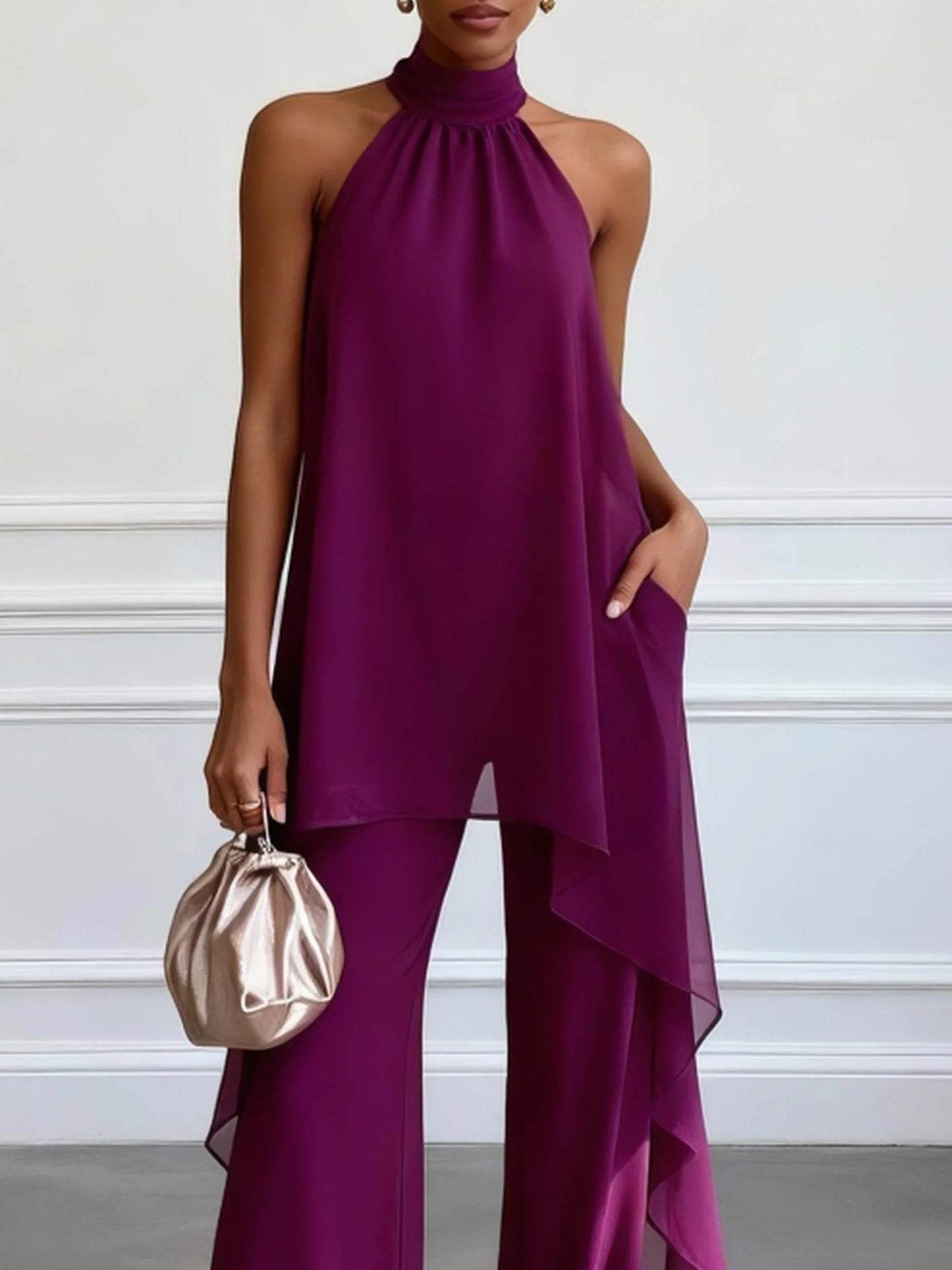 Elegant Purple Chiffon Two Piece Set for Women with Halter Neck Draped Overlay Wide Leg Formal Style