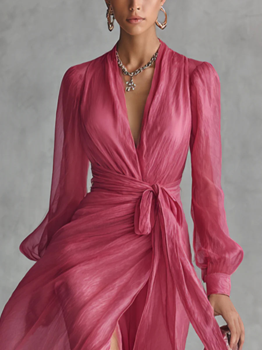 Elegant Pink Chiffon Maxi Dress for Women with V Neck Balloon Sleeve Wrap High Slit Flowing Style