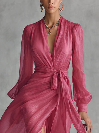 Elegant Pink Chiffon Maxi Dress for Women with V Neck Balloon Sleeve Wrap High Slit Flowing Style