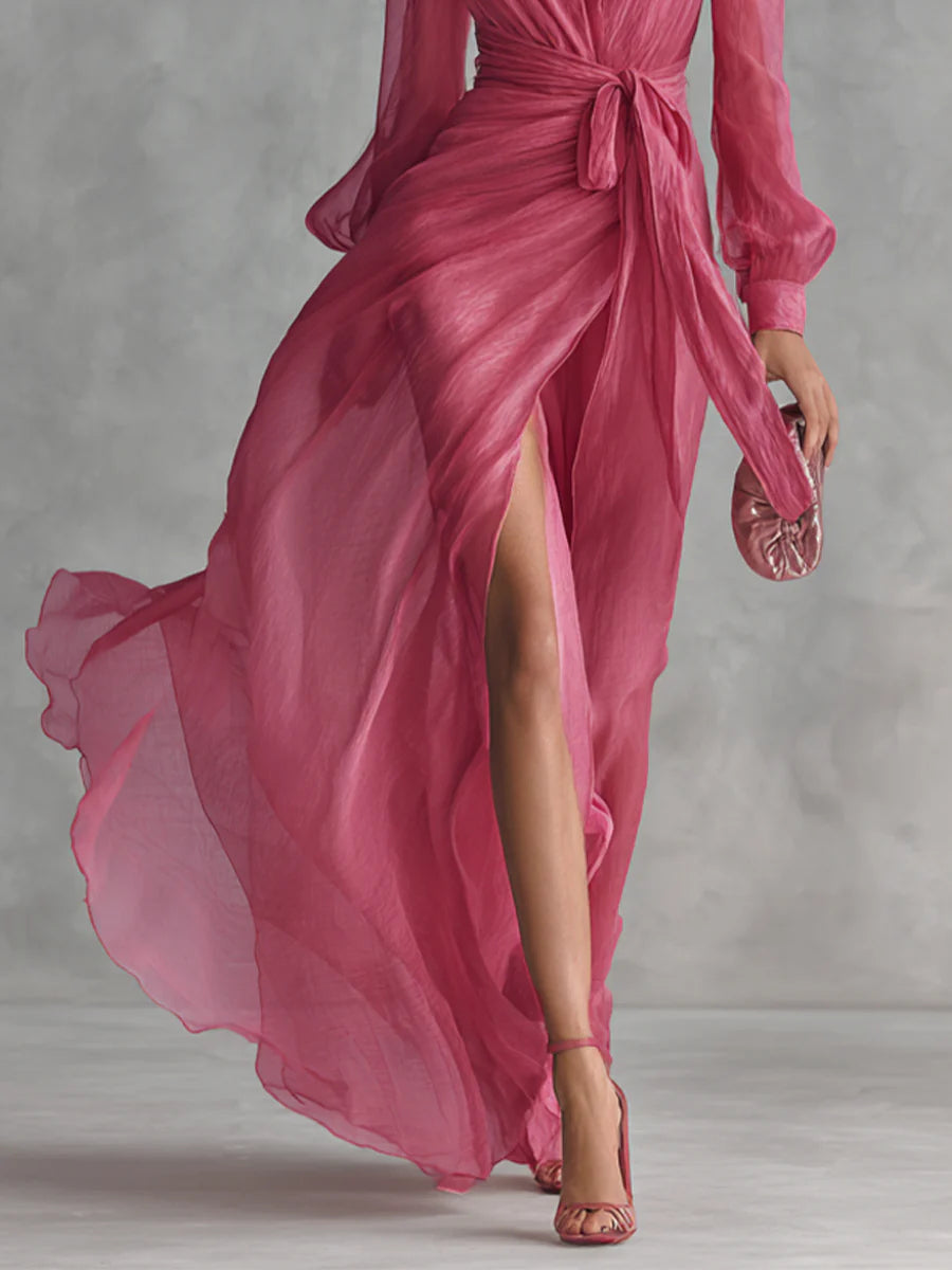 Elegant Pink Chiffon Maxi Dress for Women with V Neck Balloon Sleeve Wrap High Slit Flowing Style