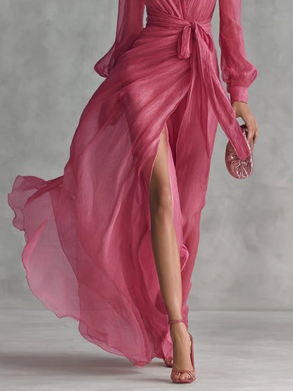 Elegant Pink Chiffon Maxi Dress for Women with V Neck Balloon Sleeve Wrap High Slit Flowing Style