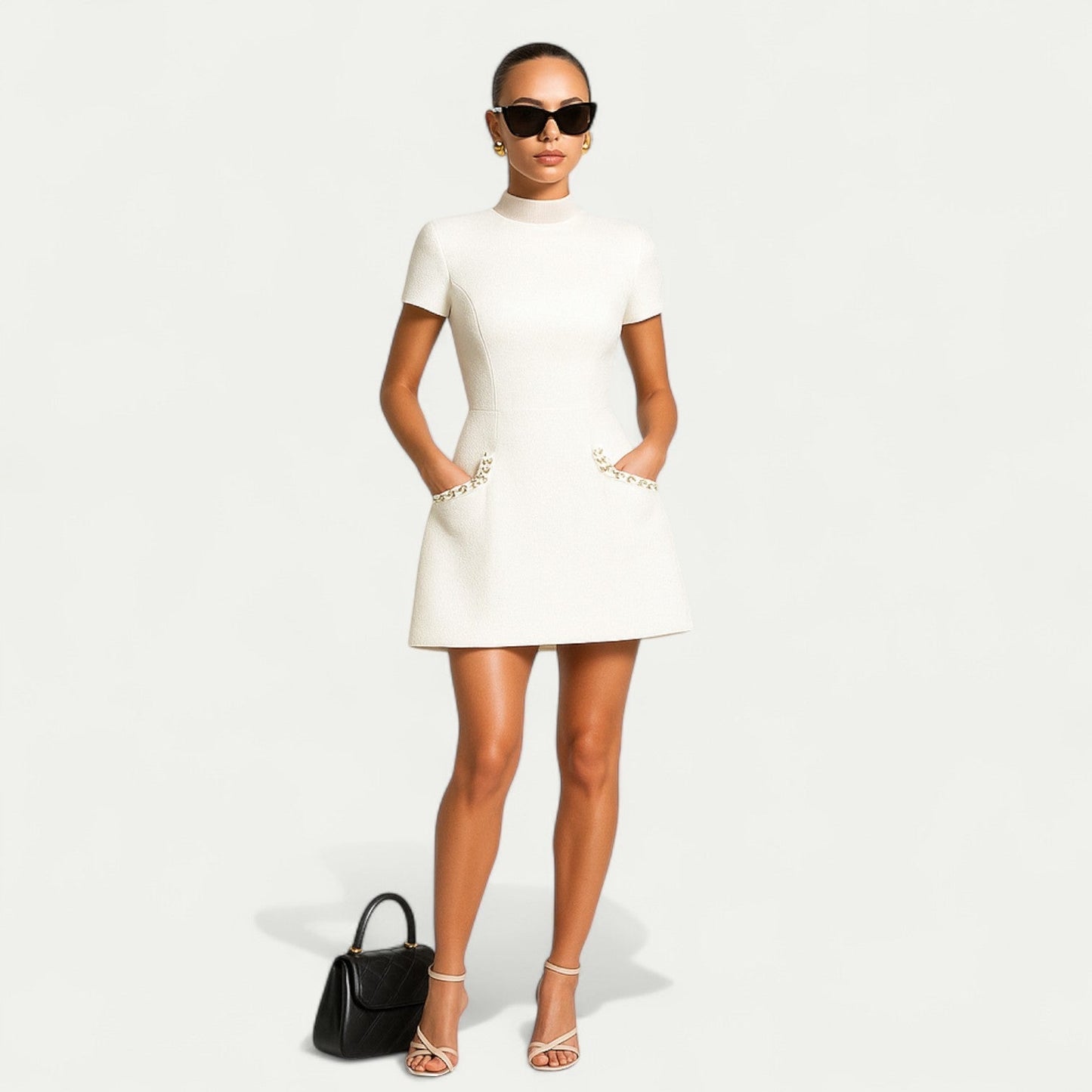 Elegant Pearl Trim Tweed Mini Dress for Women with Crew Neck Short Sleeve Pocket Detail Cocktail Style