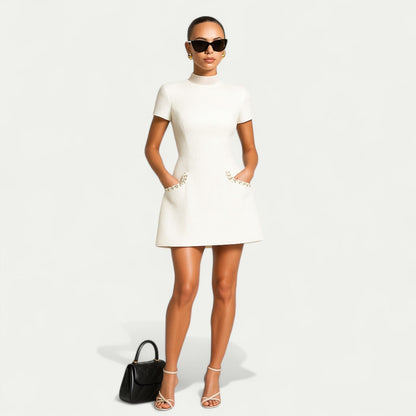 Elegant Pearl Trim Tweed Mini Dress for Women with Crew Neck Short Sleeve Pocket Detail Cocktail Style