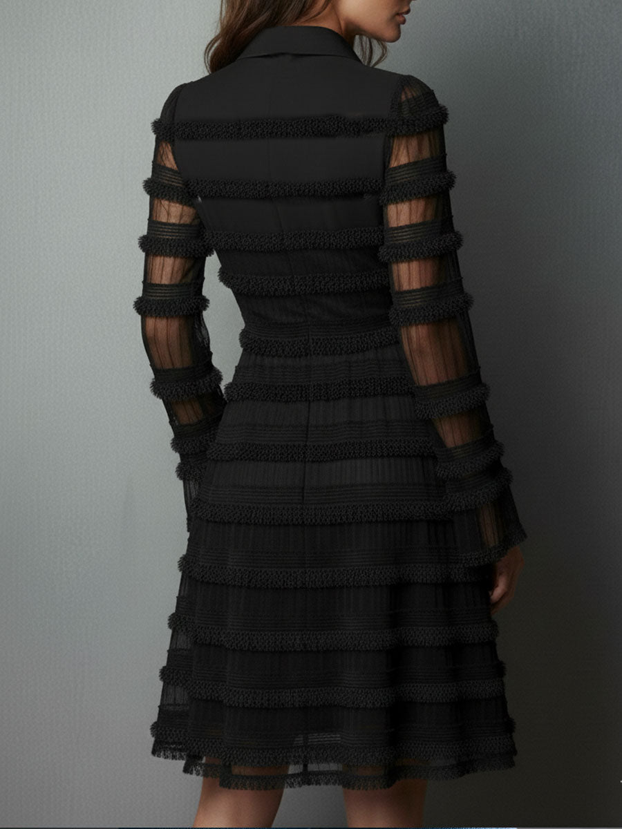 Elegant Black Fringe Mini Dress for Women with Collar V Neck Bell Sleeve Fit and Flare Cocktail Style