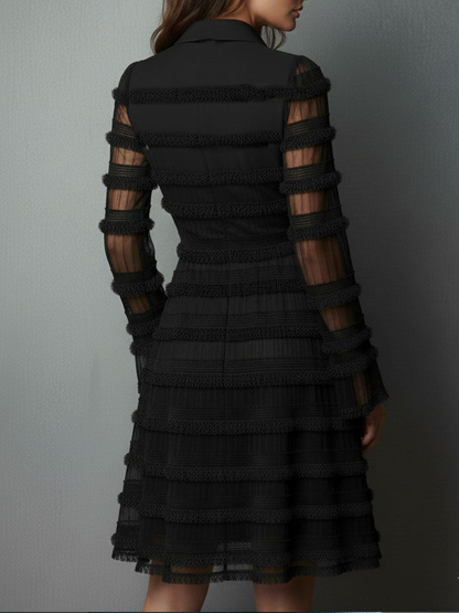 Elegant Black Fringe Mini Dress for Women with Collar V Neck Bell Sleeve Fit and Flare Cocktail Style