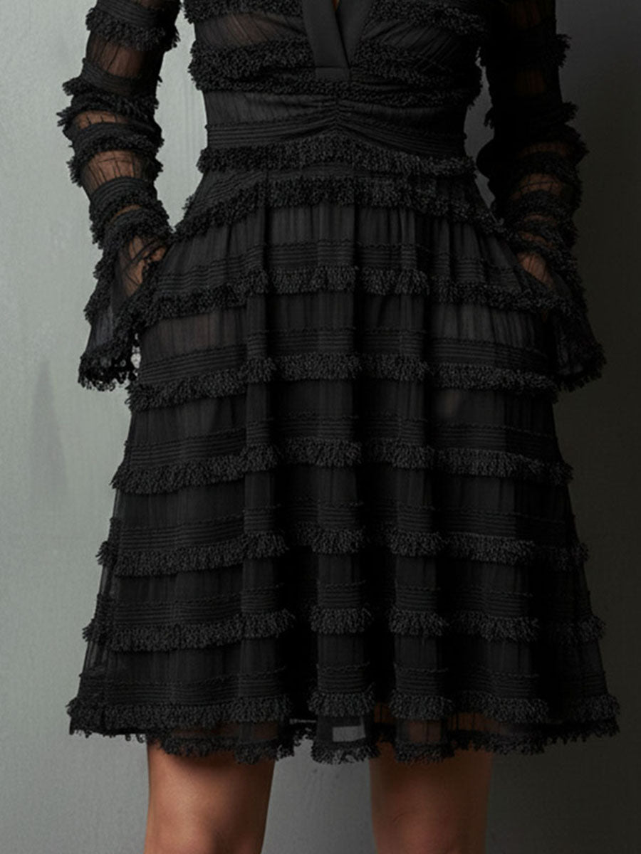 Elegant Black Fringe Mini Dress for Women with Collar V Neck Bell Sleeve Fit and Flare Cocktail Style