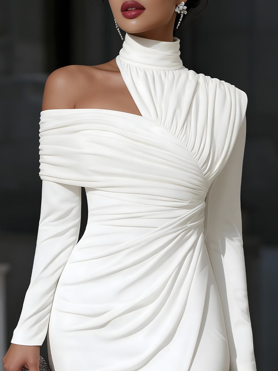 Elegant White Midi Dress for Women with Halter Neck Long Sleeve Ruched Off Shoulder Cocktail Style