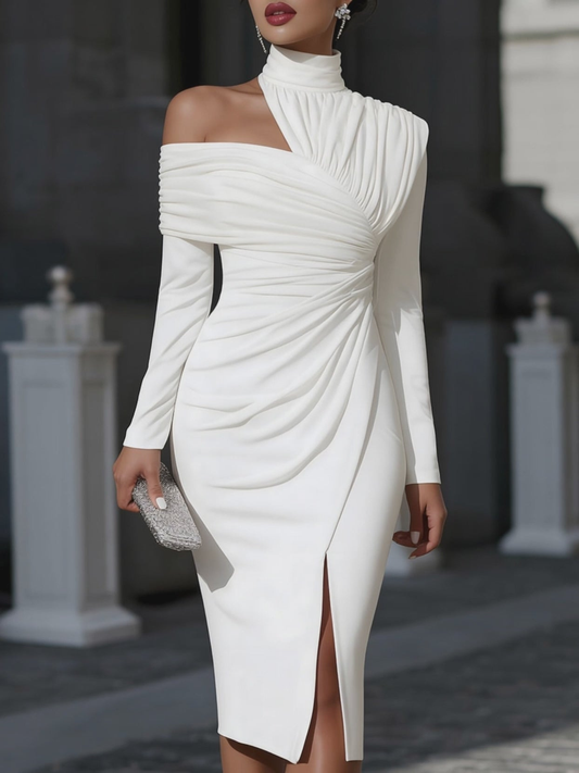 Elegant White Midi Dress for Women with Halter Neck Long Sleeve Ruched Off Shoulder Cocktail Style