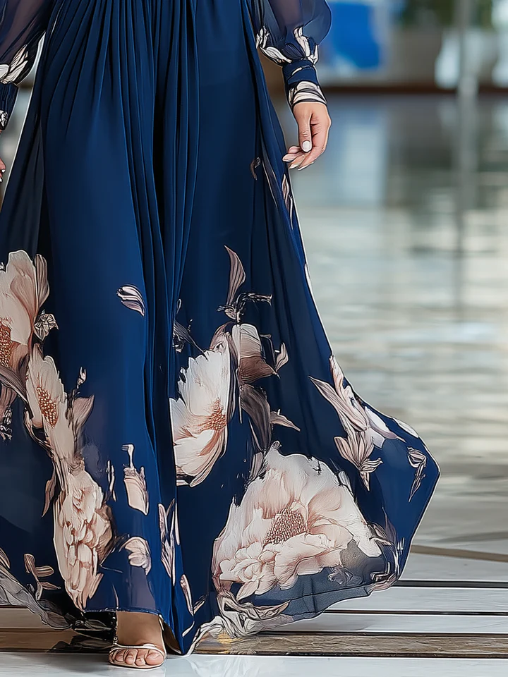 Elegant Navy Floral Maxi Dress for Women with V Neck Sheer Bishop Sleeve Ruched Waist Flowing Style