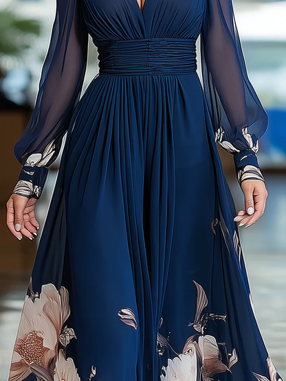 Elegant Navy Floral Maxi Dress for Women with V Neck Sheer Bishop Sleeve Ruched Waist Flowing Style