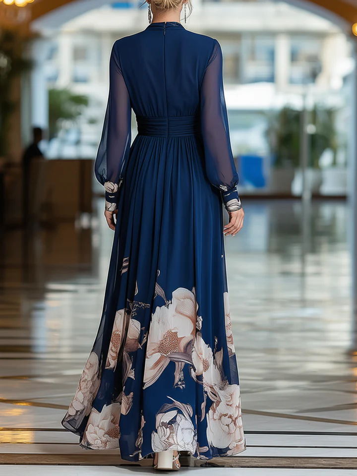 Elegant Navy Floral Maxi Dress for Women with V Neck Sheer Bishop Sleeve Ruched Waist Flowing Style