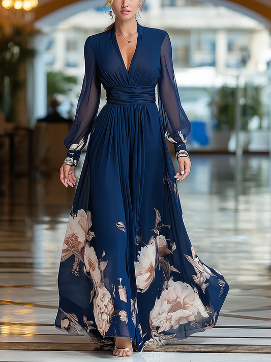 Elegant Navy Floral Maxi Dress for Women with V Neck Sheer Bishop Sleeve Ruched Waist Flowing Style