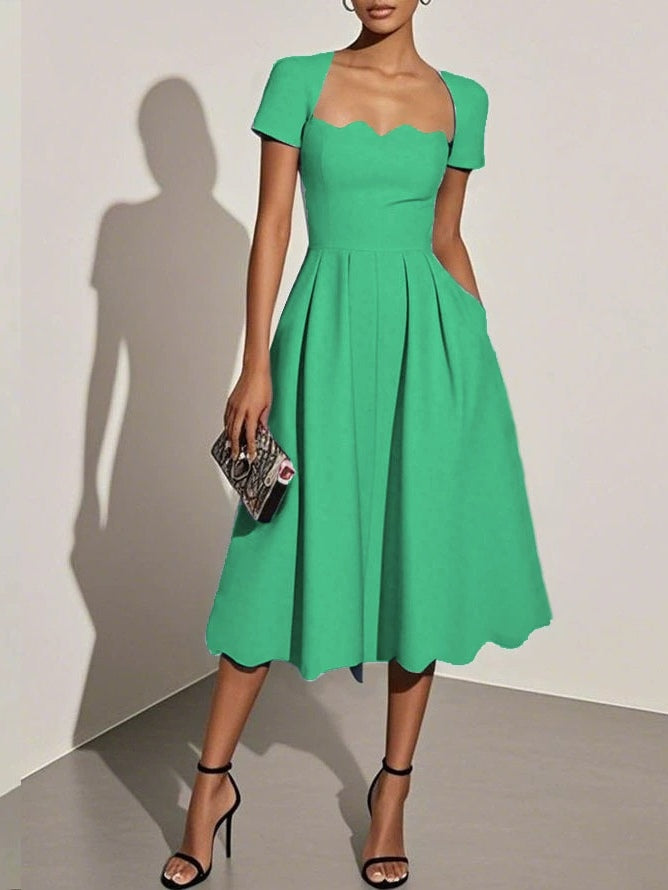 Elegant Black Scalloped Midi Dress for Women with Sweetheart Neck Short Sleeve Pleated Fit And Flare Cocktail Style