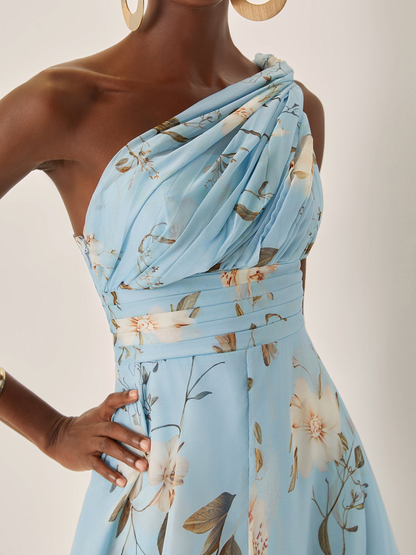 Elegant Light Blue Floral Maxi Dress for Women with One Shoulder Draped Ruched Flowing Wedding Guest Style