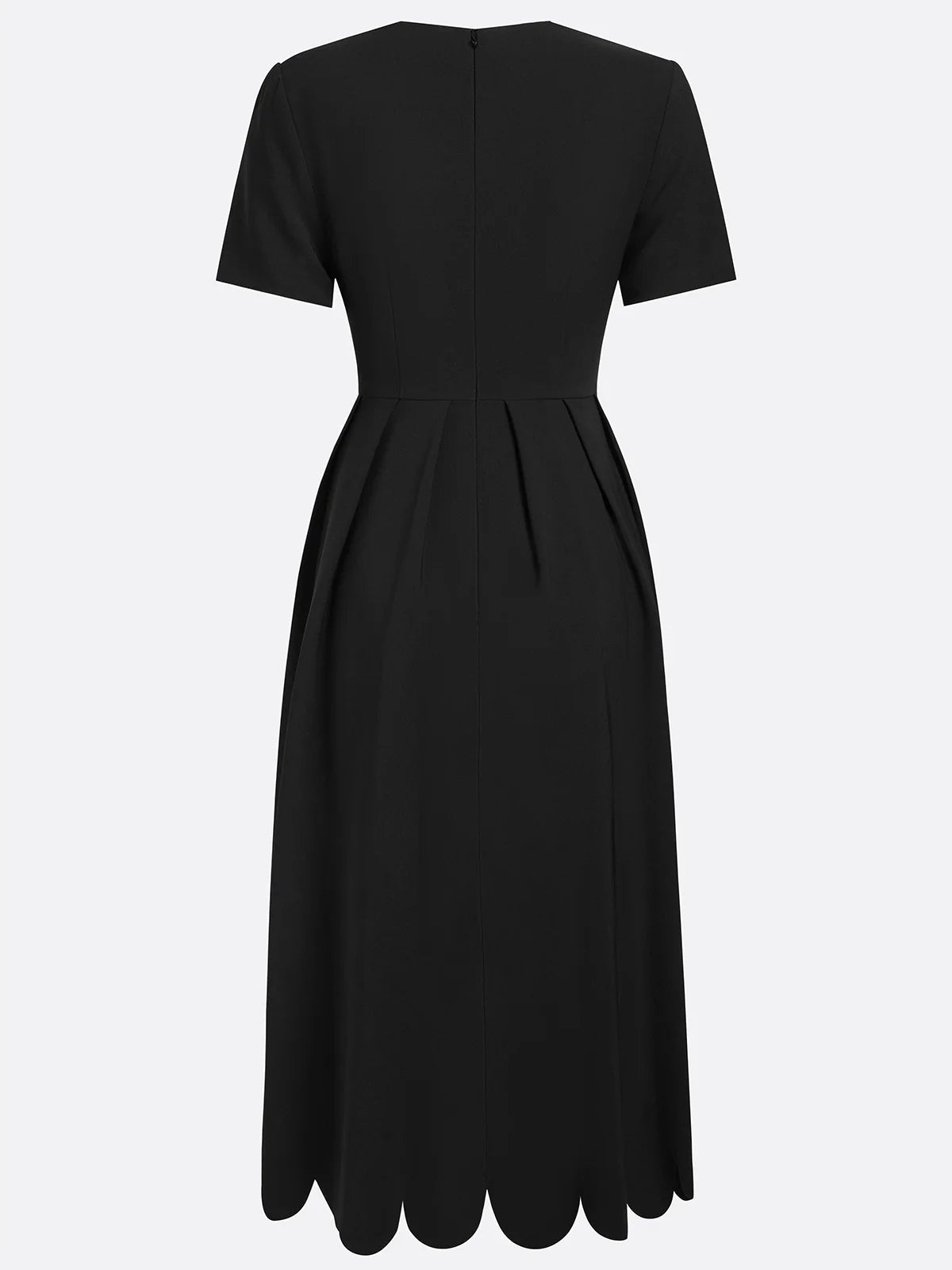 Elegant Black Scalloped Midi Dress for Women with Sweetheart Neck Short Sleeve Pleated Fit And Flare Cocktail Style
