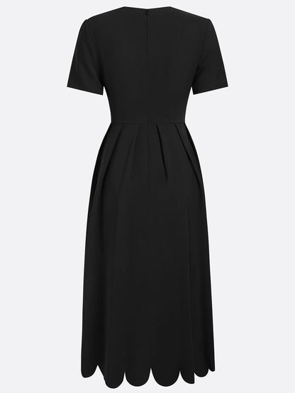 Elegant Black Scalloped Midi Dress for Women with Sweetheart Neck Short Sleeve Pleated Fit And Flare Cocktail Style