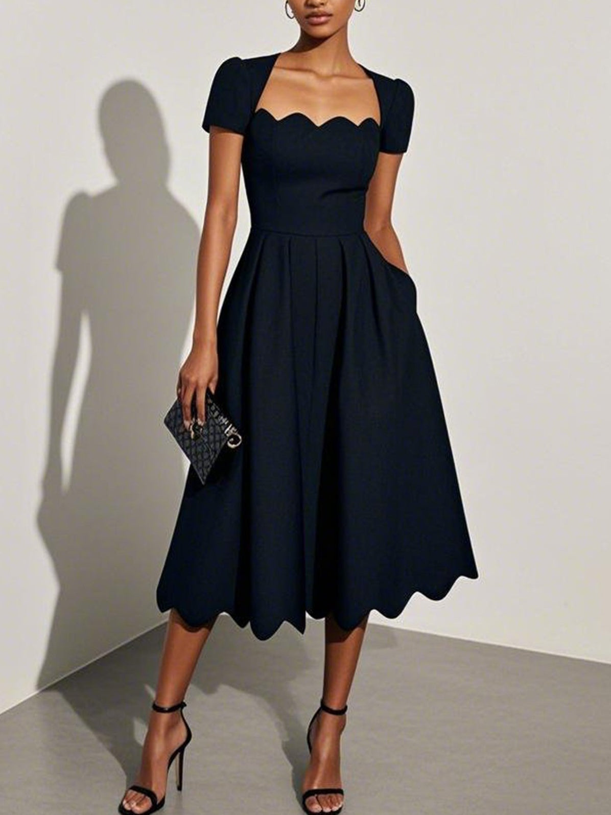 Elegant Black Scalloped Midi Dress for Women with Sweetheart Neck Short Sleeve Pleated Fit And Flare Cocktail Style