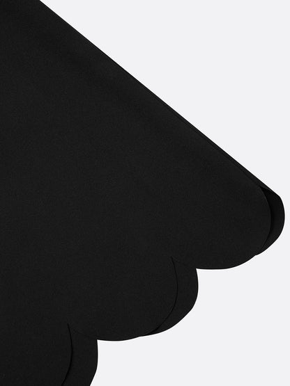 Elegant Black Scalloped Midi Dress for Women with Sweetheart Neck Short Sleeve Pleated Fit And Flare Cocktail Style