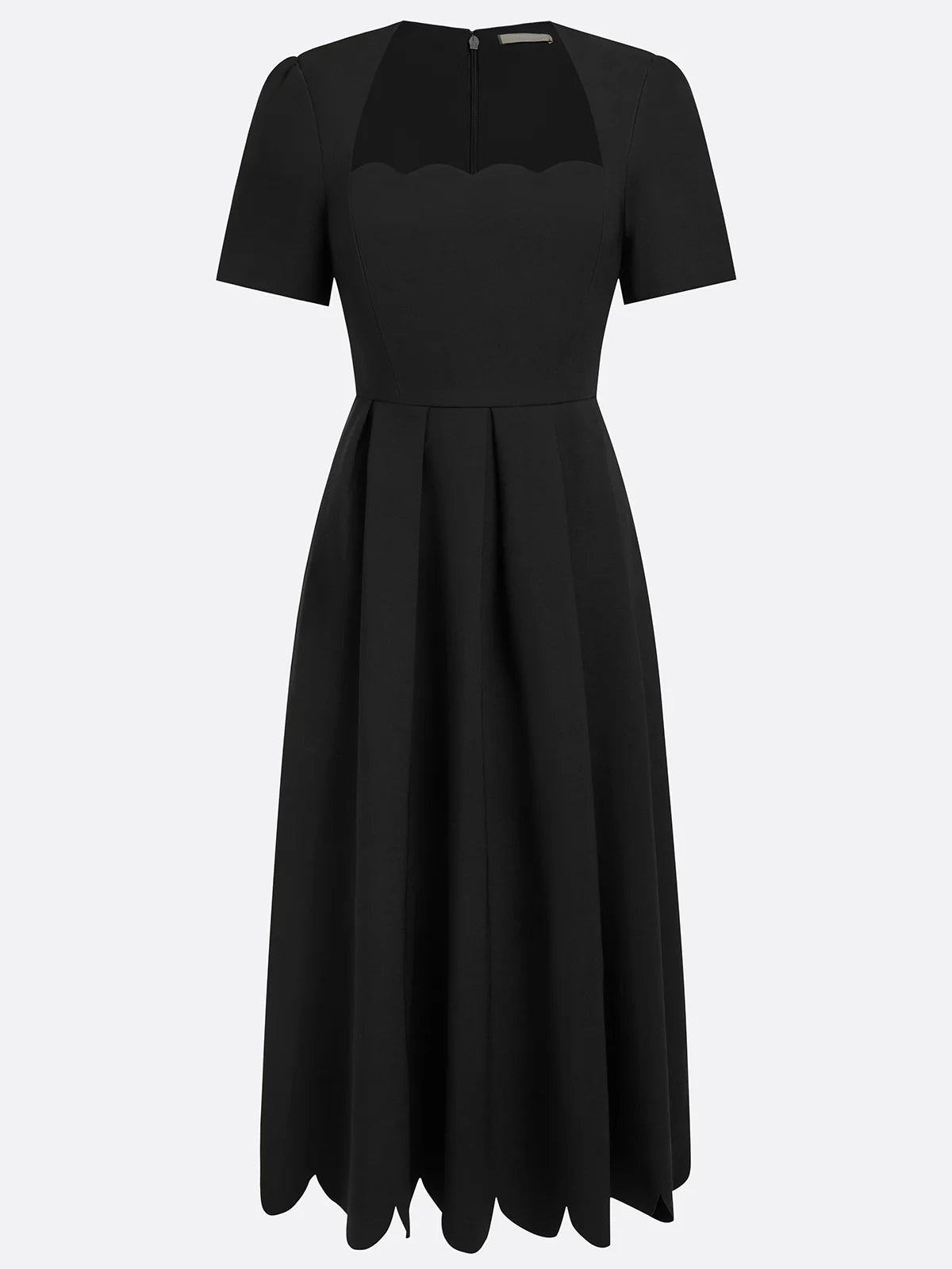 Elegant Black Scalloped Midi Dress for Women with Sweetheart Neck Short Sleeve Pleated Fit And Flare Cocktail Style