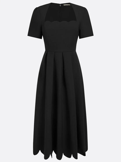 Elegant Black Scalloped Midi Dress for Women with Sweetheart Neck Short Sleeve Pleated Fit And Flare Cocktail Style