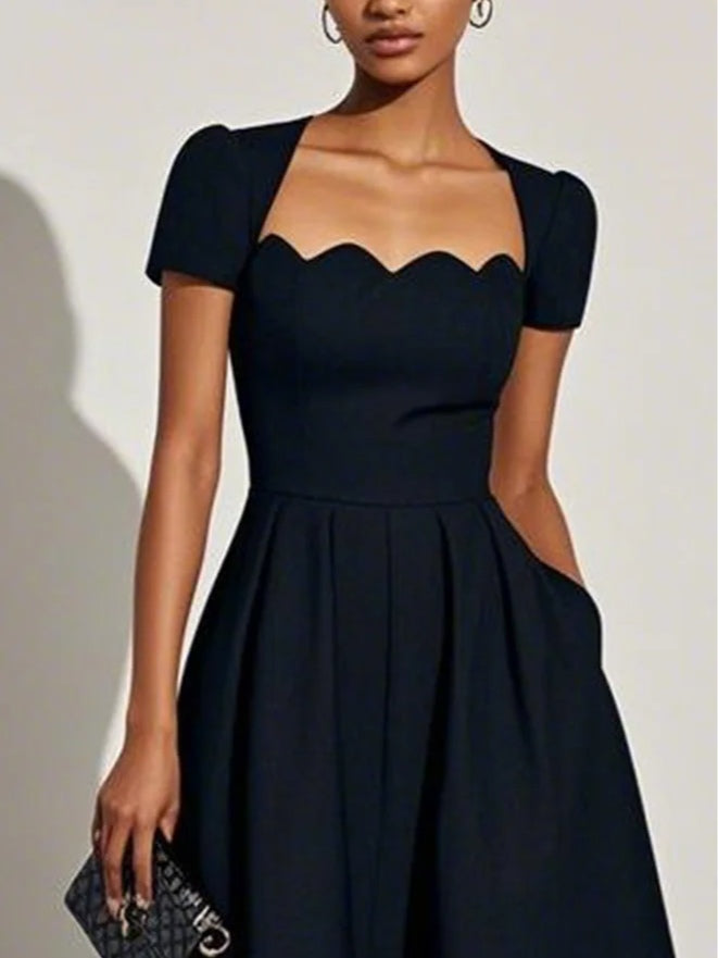 Elegant Black Scalloped Midi Dress for Women with Sweetheart Neck Short Sleeve Pleated Fit And Flare Cocktail Style