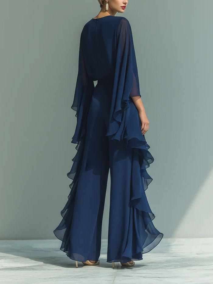Elegant Navy Chiffon Jumpsuit for Women with Round Neck Cape Sleeve Ruffle Wide Leg Style