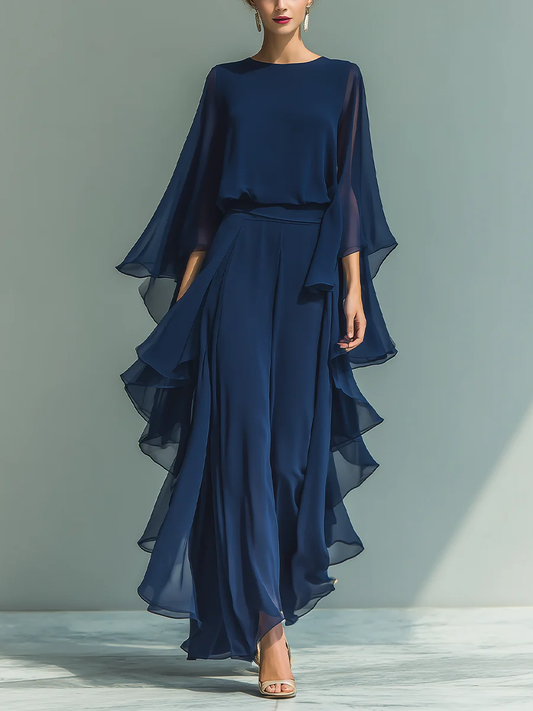 Elegant Navy Chiffon Jumpsuit for Women with Round Neck Cape Sleeve Ruffle Wide Leg Style