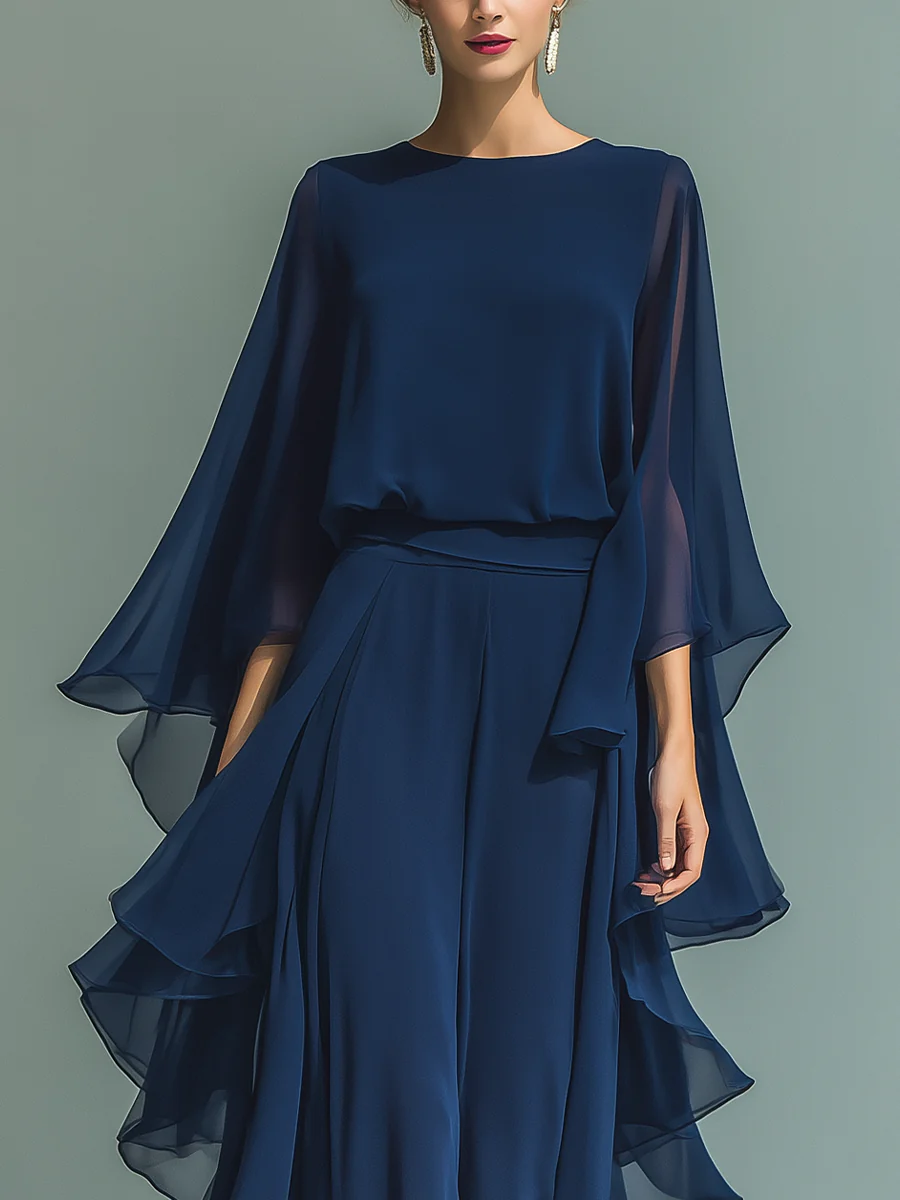 Elegant Navy Chiffon Jumpsuit for Women with Round Neck Cape Sleeve Ruffle Wide Leg Style