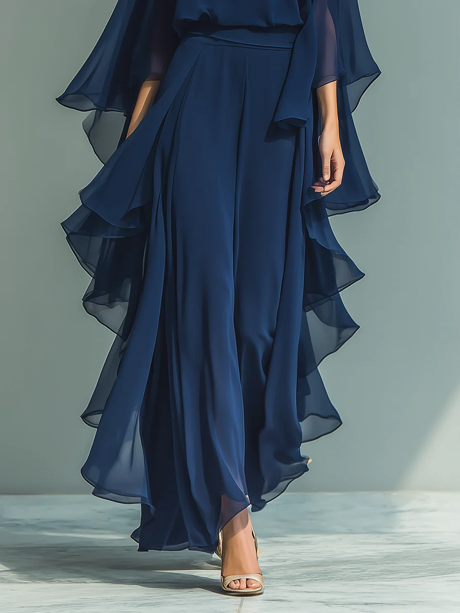 Elegant Navy Chiffon Jumpsuit for Women with Round Neck Cape Sleeve Ruffle Wide Leg Style