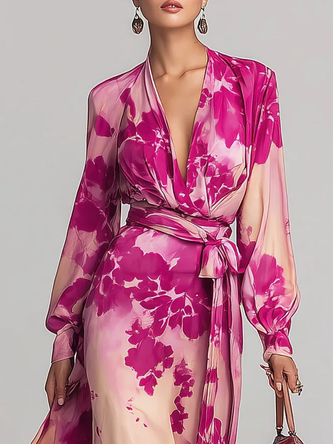 Elegant Rose Red Floral Maxi Dress for Women with V Neck Balloon Sleeve Wrap Sash Flowing Style