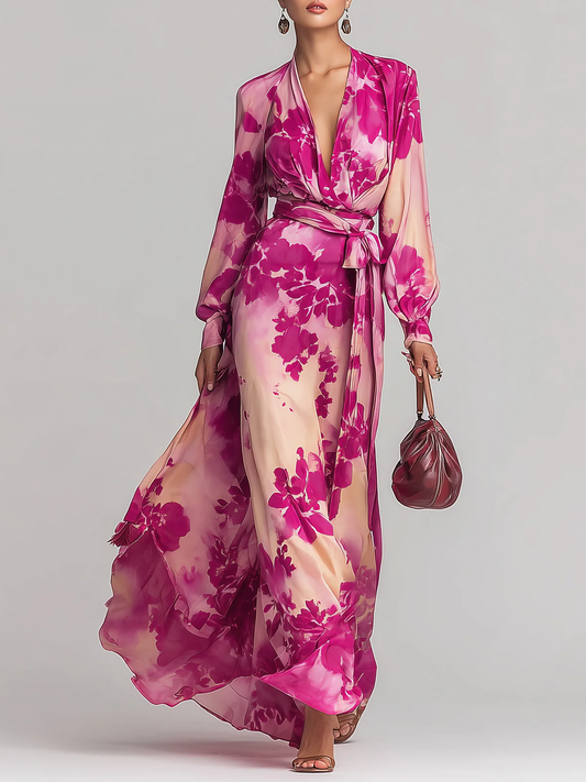 Elegant Rose Red Floral Maxi Dress for Women with V Neck Balloon Sleeve Wrap Sash Flowing Style